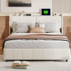 Generique Lit double 160 x 200 avec 4 tiroir,Lit rembourré 160 x 200 avec chargement USB,PU,Beige Sale