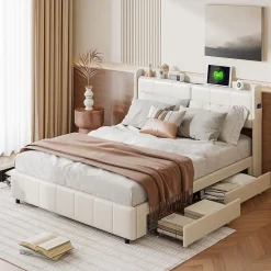 Generique Lit double 160 x 200 avec 4 tiroir,Lit rembourré 160 x 200 avec chargement USB,PU,Beige Sale