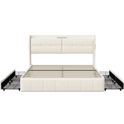Generique Lit double 160 x 200 avec 4 tiroir,Lit rembourré 160 x 200 avec chargement USB,PU,Beige Sale