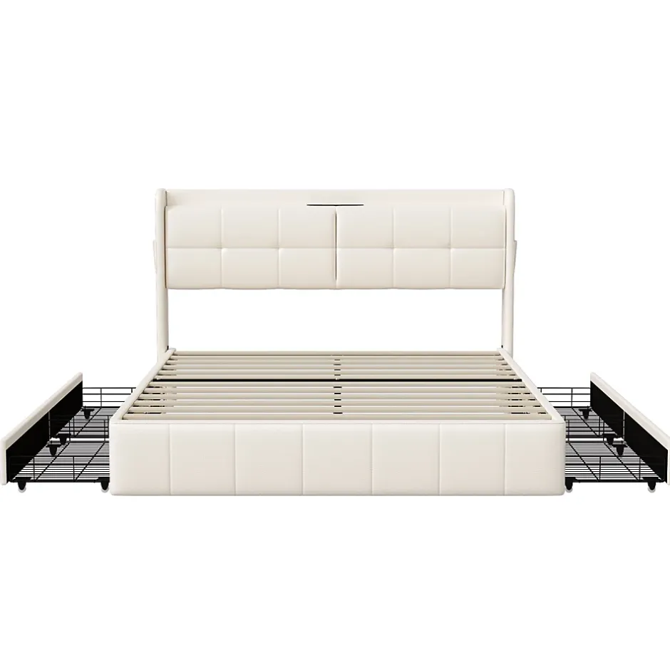 Generique Lit double 160 x 200 avec 4 tiroir,Lit rembourré 160 x 200 avec chargement USB,PU,Beige Sale