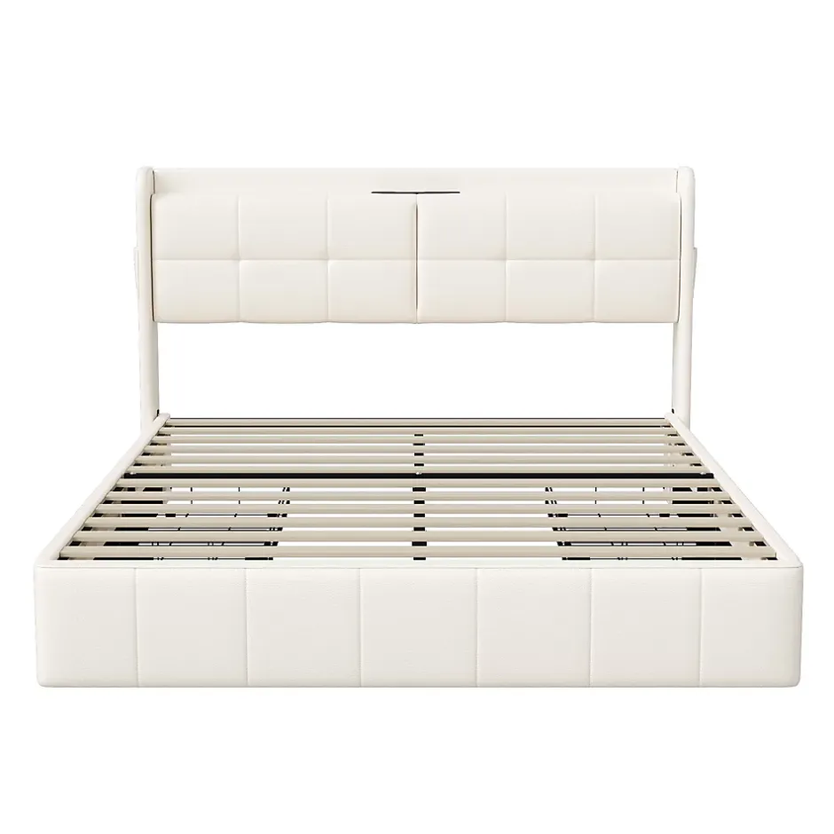 Generique Lit double 160 x 200 avec 4 tiroir,Lit rembourré 160 x 200 avec chargement USB,PU,Beige Sale