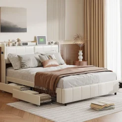 Generique Lit double 160 x 200 avec 4 tiroir,Lit rembourré 160 x 200 avec chargement USB,PU,Beige Sale