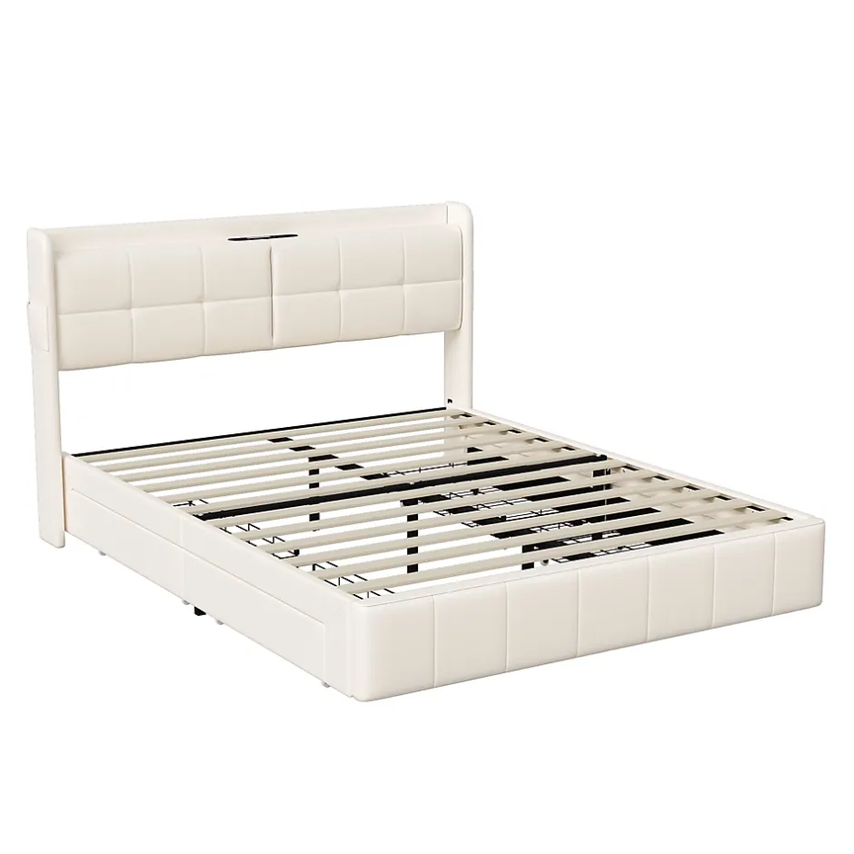 Generique Lit double 160 x 200 avec 4 tiroir,Lit rembourré 160 x 200 avec chargement USB,PU,Beige Sale