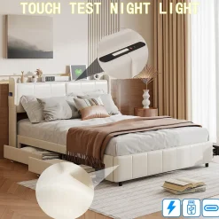 Generique Lit double 160 x 200 avec 4 tiroir,Lit rembourré 160 x 200 avec chargement USB,PU,Beige Sale