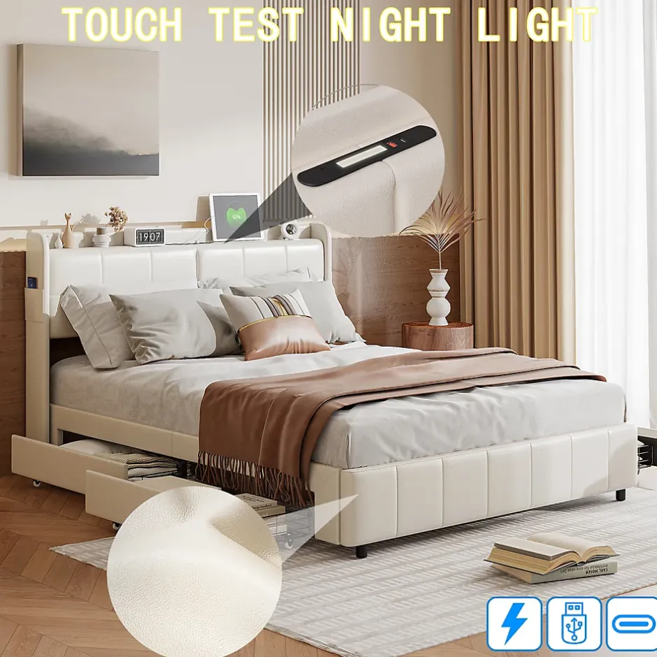 Generique Lit double 160 x 200 avec 4 tiroir,Lit rembourré 160 x 200 avec chargement USB,PU,Beige Sale