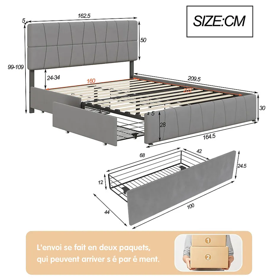 Generique lit double 160 x 200 avec 4 tiroirs,lit capitonné avec sommier à lattes en bois,Tissu velours doux pour la peau,Gris