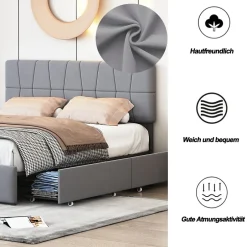 Generique lit double 160 x 200 avec 4 tiroirs,lit capitonné avec sommier à lattes en bois,Tissu velours doux pour la peau,Gris