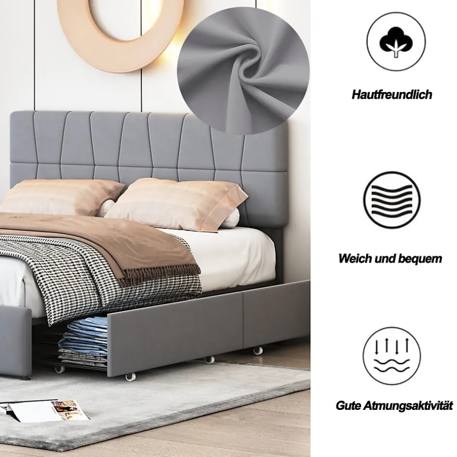 Generique lit double 160 x 200 avec 4 tiroirs,lit capitonné avec sommier à lattes en bois,Tissu velours doux pour la peau,Gris
