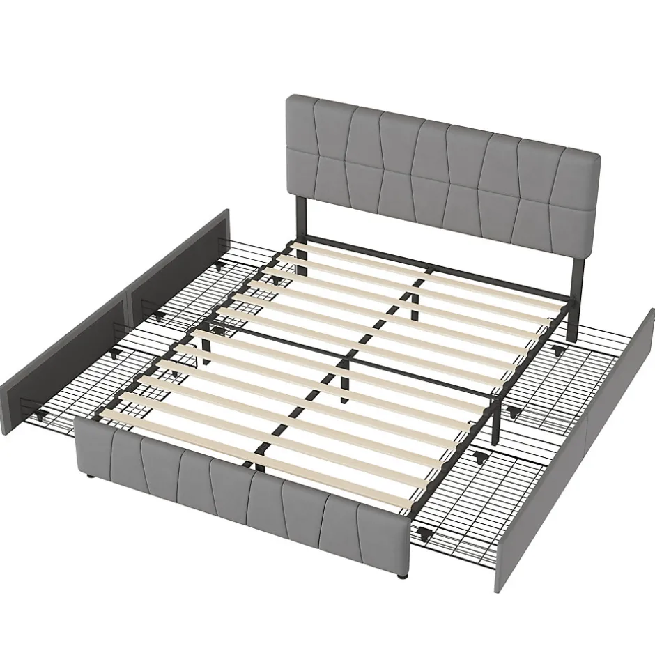 Generique lit double 160 x 200 avec 4 tiroirs,lit capitonné avec sommier à lattes en bois,Tissu velours doux pour la peau,Gris