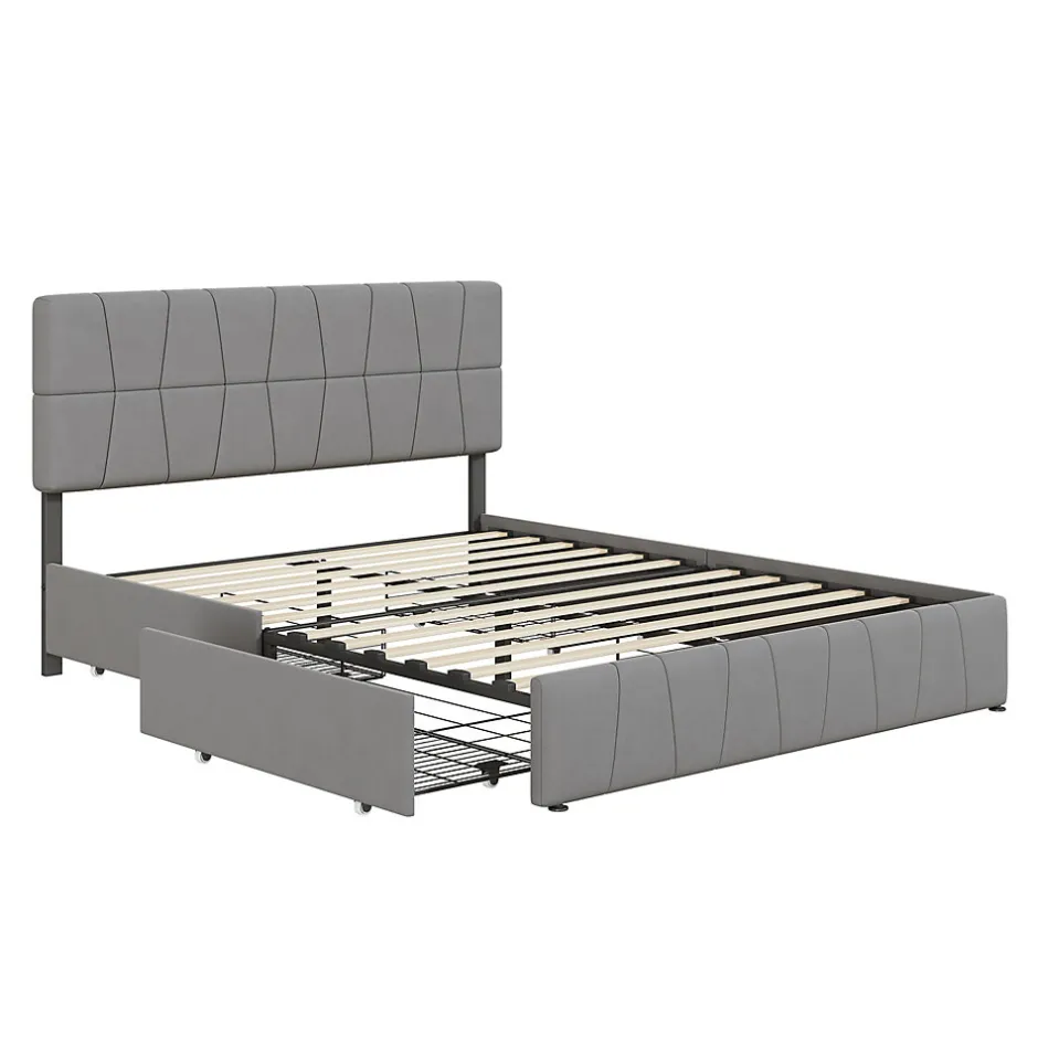 Generique lit double 160 x 200 avec 4 tiroirs,lit capitonné avec sommier à lattes en bois,Tissu velours doux pour la peau,Gris