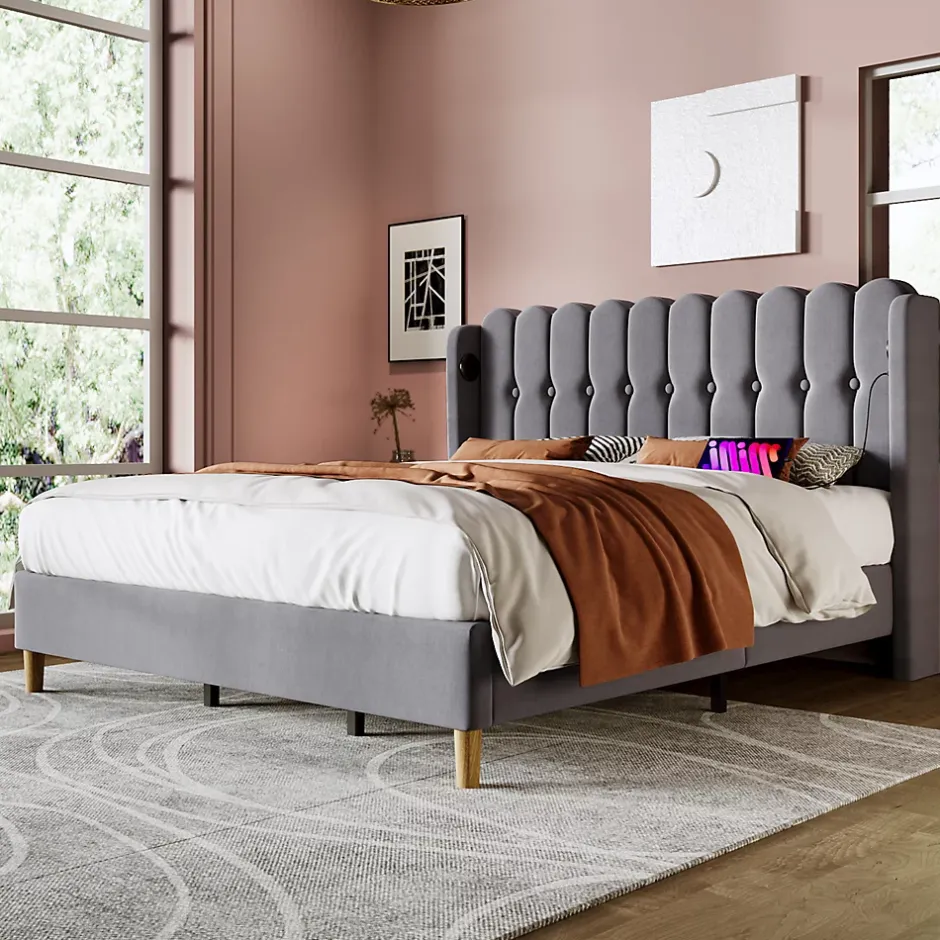 Generique Lit Double 180 x 200 Cm - Lit Adult avec Chargement USB Type-C - Lin, MDF, Métal - Sans Matelas - Gris New