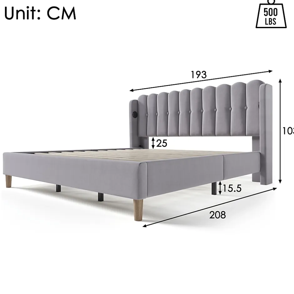 Generique Lit Double 180 x 200 Cm - Lit Adult avec Chargement USB Type-C - Lin, MDF, Métal - Sans Matelas - Gris New