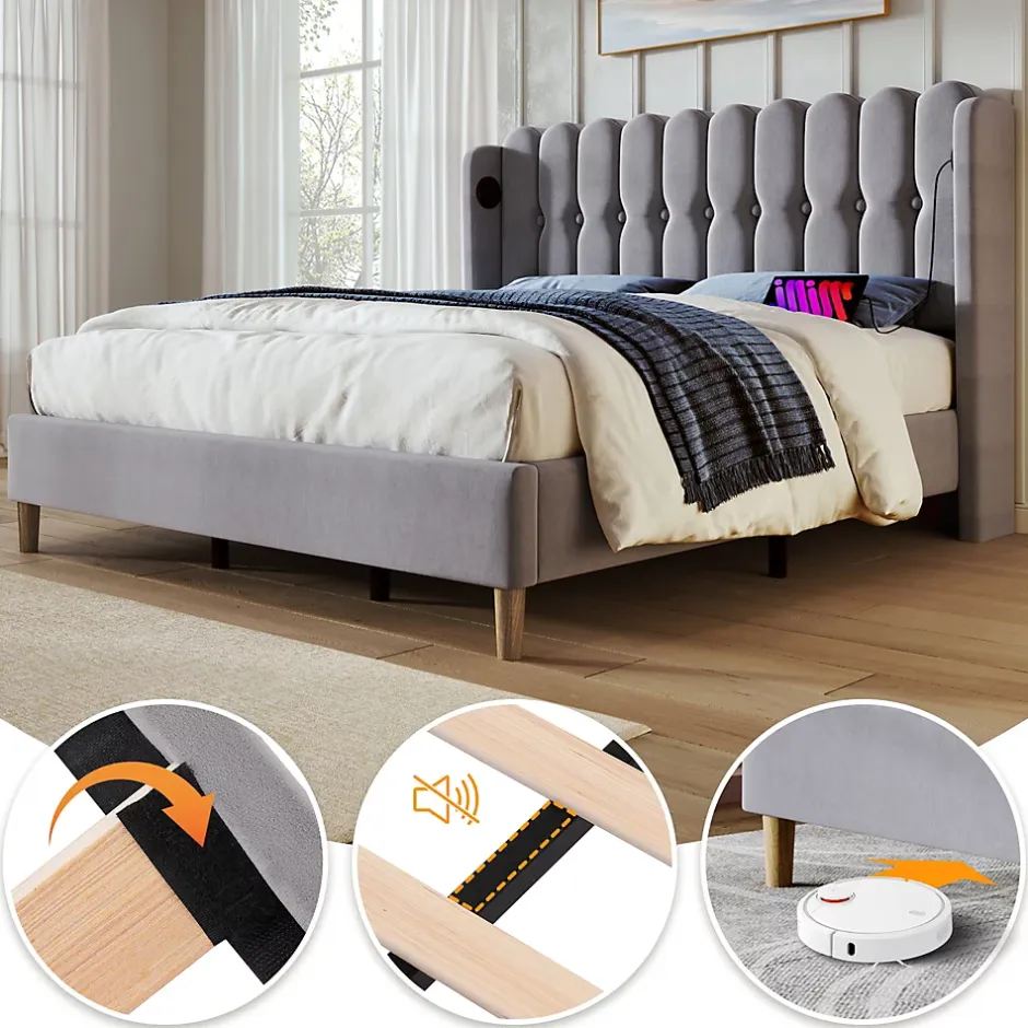Generique Lit Double 180 x 200 Cm - Lit Adult avec Chargement USB Type-C - Lin, MDF, Métal - Sans Matelas - Gris New