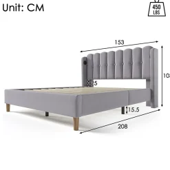 Okwish Lit Double 140 x 200 Cm - Lit Adult avec Chargement USB Type-C - Lin, MDF, Métal - Sans Matelas - Gris Clearance