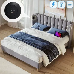 Okwish Lit Double 140 x 200 Cm - Lit Adult avec Chargement USB Type-C - Lin, MDF, Métal - Sans Matelas - Gris Clearance