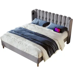 Okwish Lit Double 140 x 200 Cm - Lit Adult avec Chargement USB Type-C - Lin, MDF, Métal - Sans Matelas - Gris Clearance