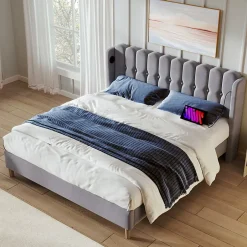Okwish Lit Double 140 x 200 Cm - Lit Adult avec Chargement USB Type-C - Lin, MDF, Métal - Sans Matelas - Gris Clearance