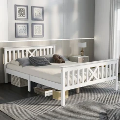 Okwish Lit double 140 x 200 cm - Lit classique avec tête de lit et sommier à lattes - Pin massif + MDF - Sans Matelas - Blanc
