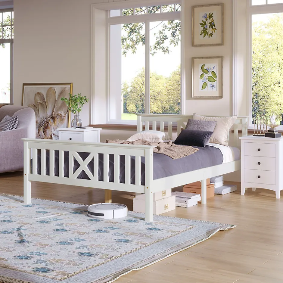 Okwish Lit double 140 x 200 cm - Lit classique avec tête de lit et sommier à lattes - Pin massif + MDF - Sans Matelas - Blanc