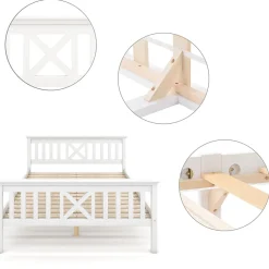 Okwish Lit double 140 x 200 cm - Lit classique avec tête de lit et sommier à lattes - Pin massif + MDF - Sans Matelas - Blanc