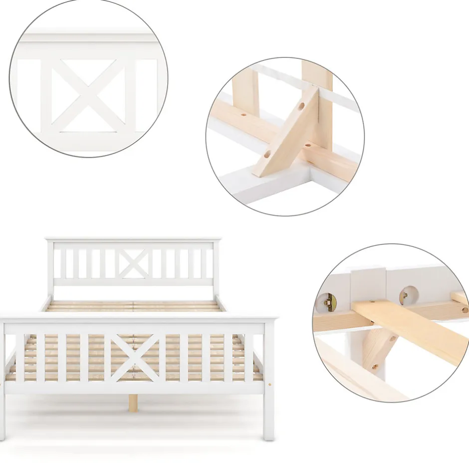 Okwish Lit double 140 x 200 cm - Lit classique avec tête de lit et sommier à lattes - Pin massif + MDF - Sans Matelas - Blanc