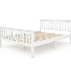 Okwish Lit double 140 x 200 cm - Lit classique avec tête de lit et sommier à lattes - Pin massif + MDF - Sans Matelas - Blanc
