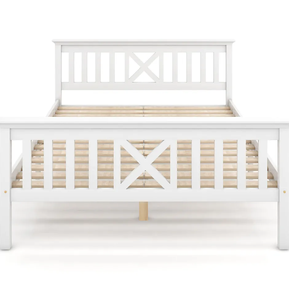 Okwish Lit double 140 x 200 cm - Lit classique avec tête de lit et sommier à lattes - Pin massif + MDF - Sans Matelas - Blanc