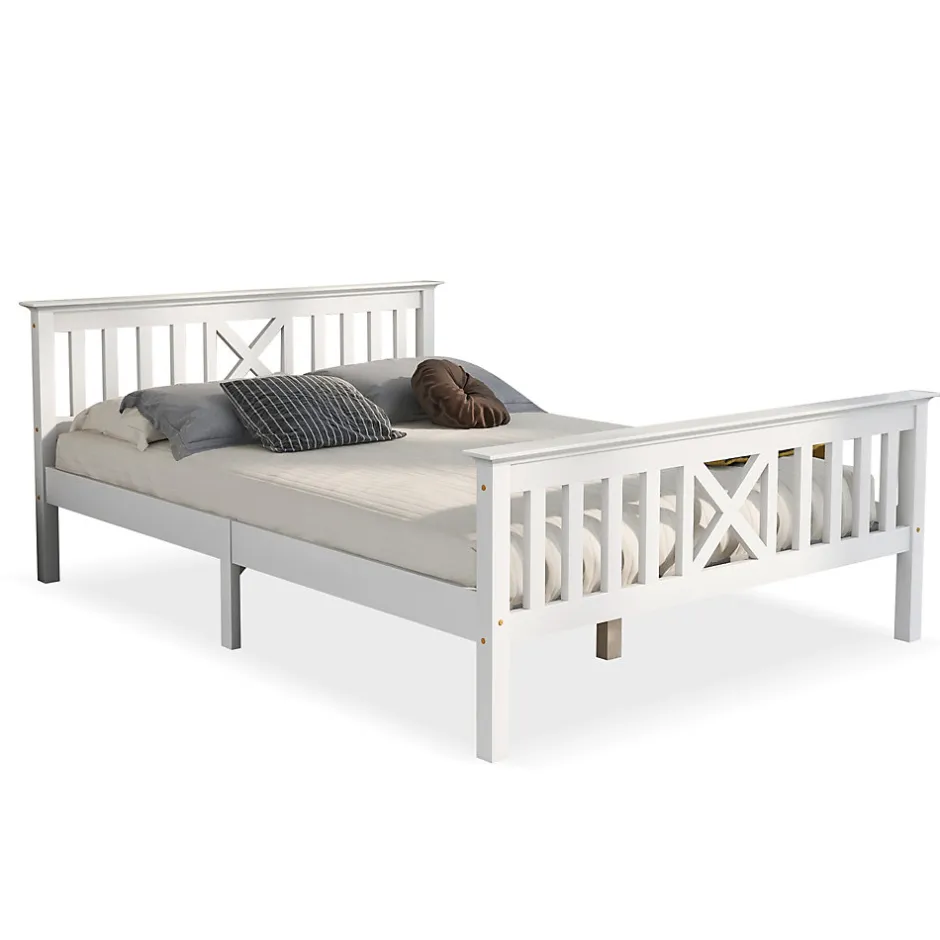 Okwish Lit double 140 x 200 cm - Lit classique avec tête de lit et sommier à lattes - Pin massif + MDF - Sans Matelas - Blanc