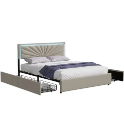 Simple Life Lit Double 160 X 200 Cm Avec 4 Tiroirs, Cadre De Lit Avec LED Et Sommier à Lattes, Lin, Beige New