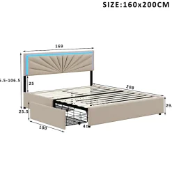 Simple Life Lit Double 160 X 200 Cm Avec 4 Tiroirs, Cadre De Lit Avec LED Et Sommier à Lattes, Lin, Beige New