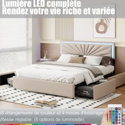 Simple Life Lit Double 160 X 200 Cm Avec 4 Tiroirs, Cadre De Lit Avec LED Et Sommier à Lattes, Lin, Beige New