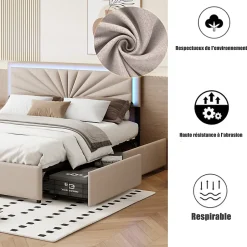 Simple Life Lit Double 160 X 200 Cm Avec 4 Tiroirs, Cadre De Lit Avec LED Et Sommier à Lattes, Lin, Beige New