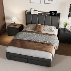 Fortuna lai Lit Double 140 X 200 Cm Avec Éclairage LED, Prise USB, Rangement, Tête De Lit Capitonnée, Noir