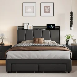 Fortuna lai Lit Double 140 X 200 Cm Avec Éclairage LED, Prise USB, Rangement, Tête De Lit Capitonnée, Noir