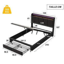 Fortuna lai Lit Double 140 X 200 Cm Avec Éclairage LED, Prise USB, Rangement, Tête De Lit Capitonnée, Noir