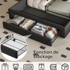 Fortuna lai Lit Double 140 X 200 Cm Avec Éclairage LED, Prise USB, Rangement, Tête De Lit Capitonnée, Noir