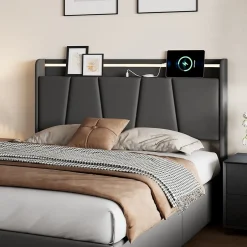 Fortuna lai Lit Double 140 X 200 Cm Avec Éclairage LED, Prise USB, Rangement, Tête De Lit Capitonnée, Noir