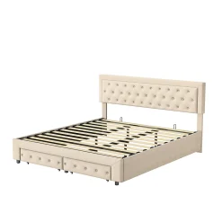 Simple Life Lit Double 180 X 200 Cm Avec Coffre Et Tiroirs,velours,sommier à Lattes,lit Hydraulique, Beige New