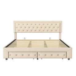 Simple Life Lit Double 180 X 200 Cm Avec Coffre Et Tiroirs,velours,sommier à Lattes,lit Hydraulique, Beige New