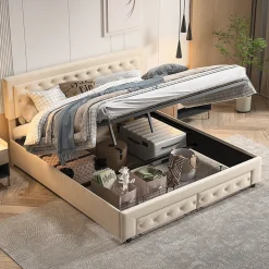 Simple Life Lit Double 180 X 200 Cm Avec Coffre Et Tiroirs,velours,sommier à Lattes,lit Hydraulique, Beige