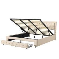 Simple Life Lit Double 180 X 200 Cm Avec Coffre Et Tiroirs,velours,sommier à Lattes,lit Hydraulique, Beige