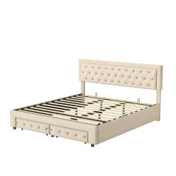 Simple Life Lit Double 180 X 200 Cm Avec Coffre Et Tiroirs,velours,sommier à Lattes,lit Hydraulique, Beige