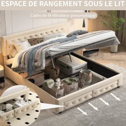 Simple Life Lit Double 180 X 200 Cm Avec Coffre Et Tiroirs,velours,sommier à Lattes,lit Hydraulique, Beige