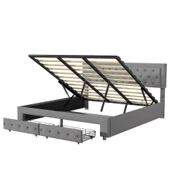 Simple Life Lit Double 180 X 200 Cm Avec Coffre Et Tiroirs,velours,sommier à Lattes,lit Hydraulique, Gris New