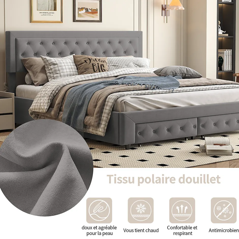 Simple Life Lit Double 180 X 200 Cm Avec Coffre Et Tiroirs,velours,sommier à Lattes,lit Hydraulique, Gris New