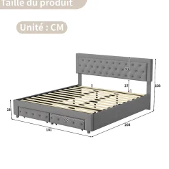 Simple Life Lit Double 180 X 200 Cm Avec Coffre Et Tiroirs,velours,sommier à Lattes,lit Hydraulique, Gris New