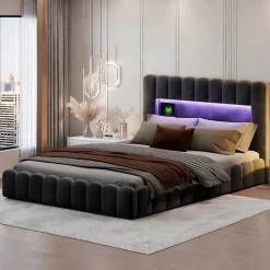 ProximaX Lit double 180 x 200 cm avec espace de rangement, Lit coffre avec lumières LED et USB, Gris clair Best