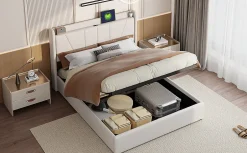 Fortuna lai Lit Double 140 X 200 Cm Avec Port USB Et Compartiment De Rangement, Avec Tête De Lit, Beige