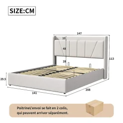 Fortuna lai Lit Double 140 X 200 Cm Avec Port USB Et Compartiment De Rangement, Avec Tête De Lit, Beige