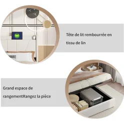 Fortuna lai Lit Double 140 X 200 Cm Avec Port USB Et Compartiment De Rangement, Avec Tête De Lit, Beige